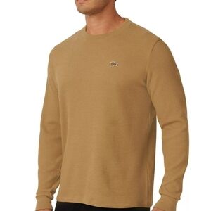 Lacoste Men's Waffle-Knit Thermal Sleep Shirt Medium Tan Beige Sleepwear Cotton